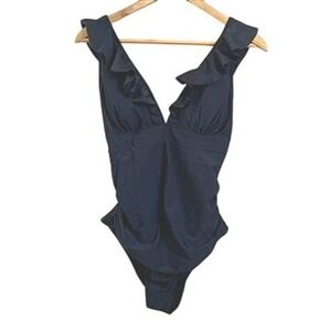 Cupshe One Piece Swimsuit‎ Ruffle V Neck Tie Back Black Women's Size Large